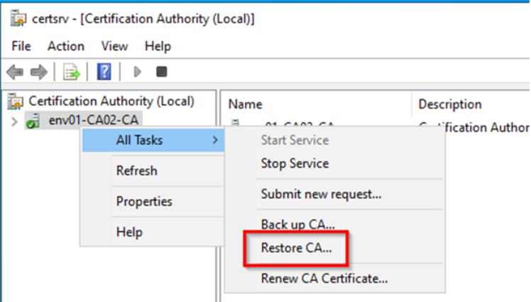 Certification Authority MMC with the CA selected in the left pane. 'Restore CA' option under All Tasks.